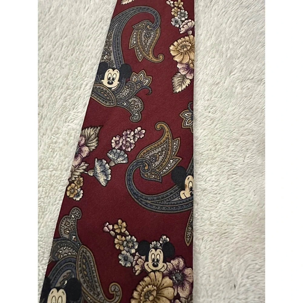 Vintage Walt Disney Men's Tie Mickey & Minnie Mouse Paisley & Floral Dark Red